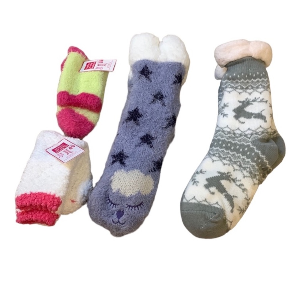 NWT Bundle of 4 pairs of slipper socks w/ Sherpa womens critter face & reindeer